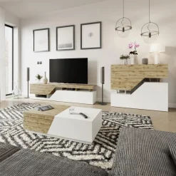 Mobile porta TV 200x47h cm design moderno rovere bianco Modesta