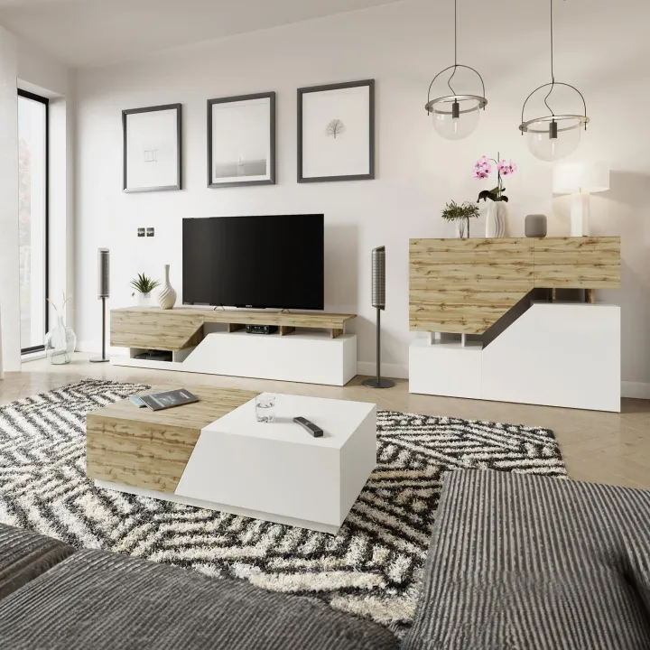 Mobile porta TV 200x47h cm design moderno rovere bianco Modesta