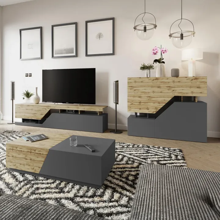 Mobile porta TV 200x47h cm design moderno rovere antracite Modesta