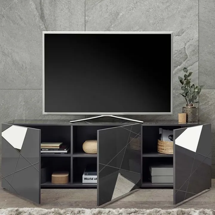 Mobile porta TV 181x57h cm grigio lucido specchio con serigrafia Olimpo