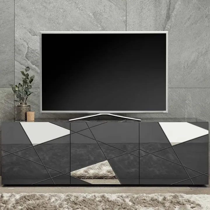 Mobile porta TV 181x57h cm grigio lucido specchio con serigrafia Olimpo