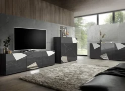Mobile porta TV 181x57h cm grigio lucido specchio con serigrafia Olimpo