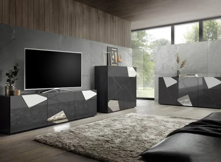 Mobile porta TV 181x57h cm grigio lucido specchio con serigrafia Olimpo