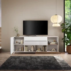 Mobile porta tv 241x94h cm moderna bianco lucido rovere scuro Witty