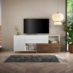 Mobile porta tv 241x94h cm moderna bianco lucido rovere scuro Witty