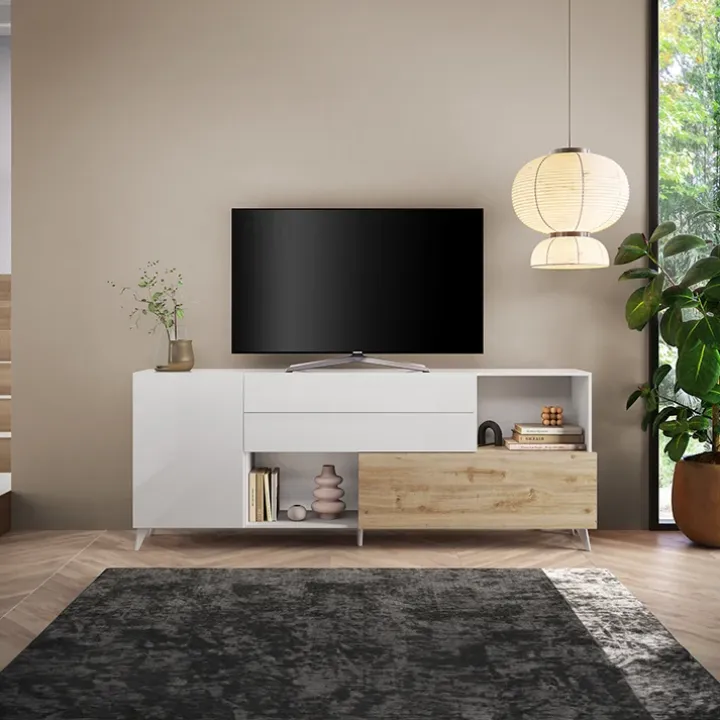 Mobile porta tv 241x94h cm moderna bianco lucido rovere chiaro Witty