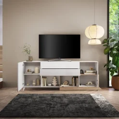 Mobile porta tv 241x94h cm moderna bianco lucido rovere chiaro Witty