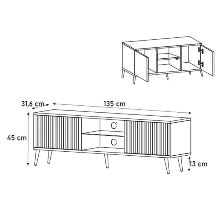 Mobile porta TV 135x45h cm moderno 2 ante nero cannettato Celestia