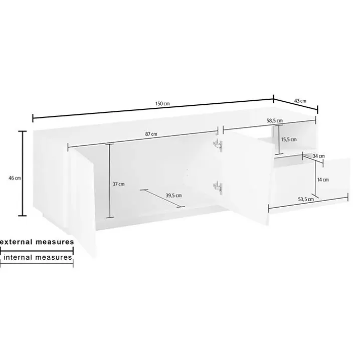 Mobile porta TV 150x46h cm moderno bianco lucido Candia Gihome®
