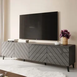 Mobile porta TV 200x52h cm moderno con frontale decorato grigio lucido Placida