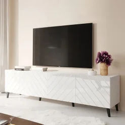 Mobile porta TV 200x52h cm moderno con frontale decorato bianco lucido Placida