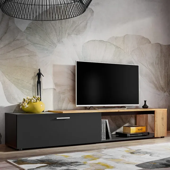 Mobile porta TV 200x39h cm moderno nero opaco rovere Caravaggio