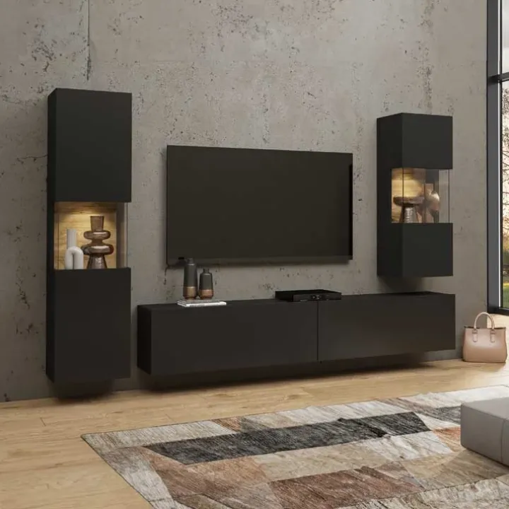 Mobile porta TV 180x35h cm moderno nero con 2 ribalte Fusion