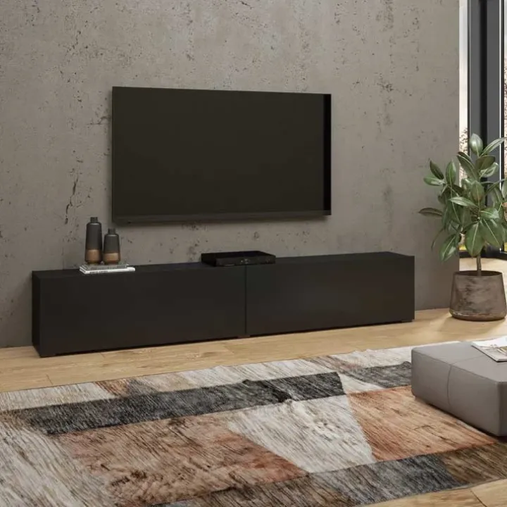 Mobile porta TV 180x35h cm moderno nero con 2 ribalte Fusion