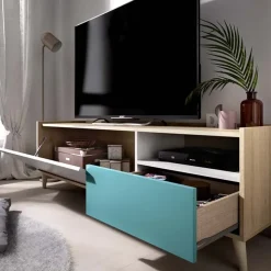 Mobile porta TV 155x47h cm moderno rovere grigio bianco petrolio Dominic