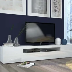 Mobile porta TV 200x37h cm soggiorno bianco laccato lucido Light Big Gihome®