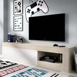 Mobile porta TV 204x48h cm soggiorno rovere bianco lucido Manfred