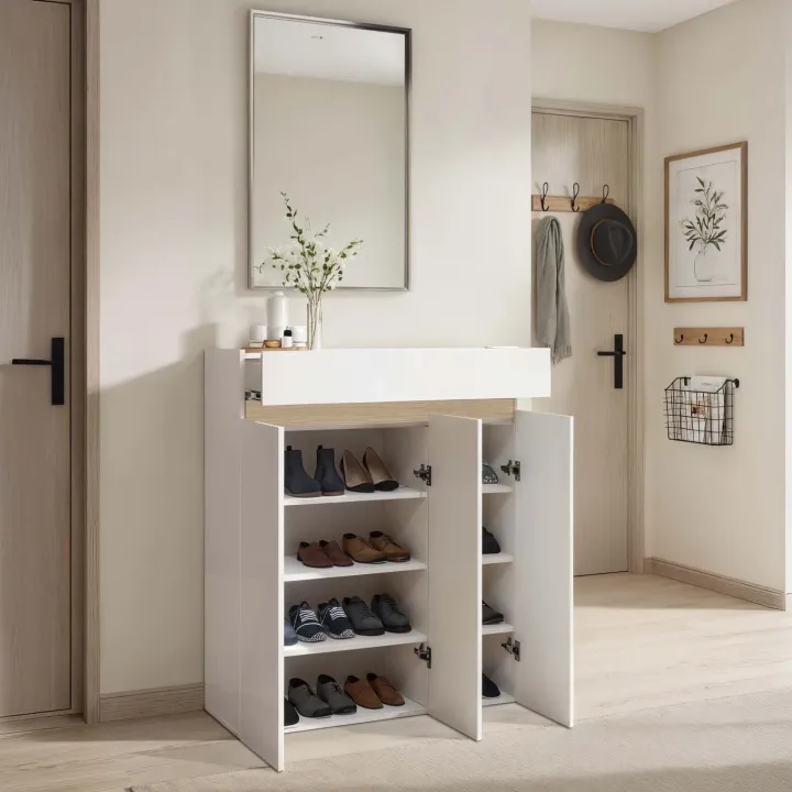 Mobile scarpiera multiuso ingresso 94x114h cm 3 ante 1 cassetto bianco lucido top rovere Noren