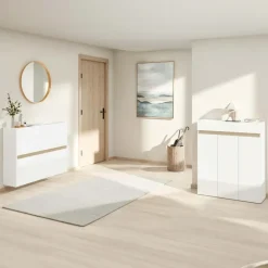 Mobile scarpiera multiuso ingresso 94x114h cm 3 ante 1 cassetto bianco lucido top rovere Noren