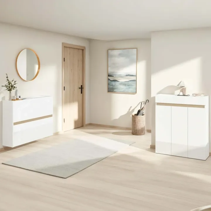 Mobile scarpiera multiuso ingresso 94x114h cm 3 ante 1 cassetto bianco lucido top rovere Noren