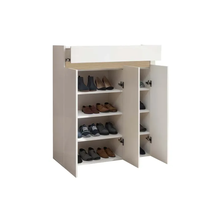 Mobile scarpiera multiuso ingresso 94x114h cm 3 ante 1 cassetto bianco lucido top rovere Noren