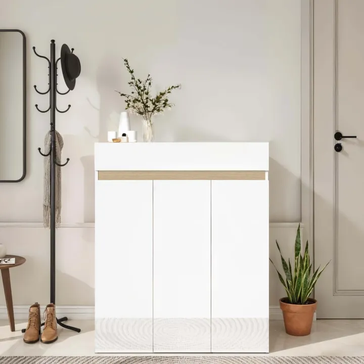 Mobile scarpiera multiuso ingresso 94x114h cm 3 ante 1 cassetto bianco lucido top rovere Noren