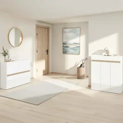 Mobile scarpiera multiuso ingresso 94x114h cm 3 ante 1 cassetto bianco lucido top rovere Noren