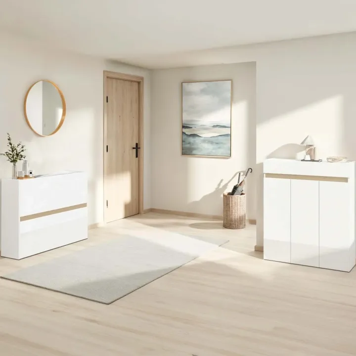 Mobile scarpiera multiuso ingresso 94x114h cm 3 ante 1 cassetto bianco lucido top rovere Noren