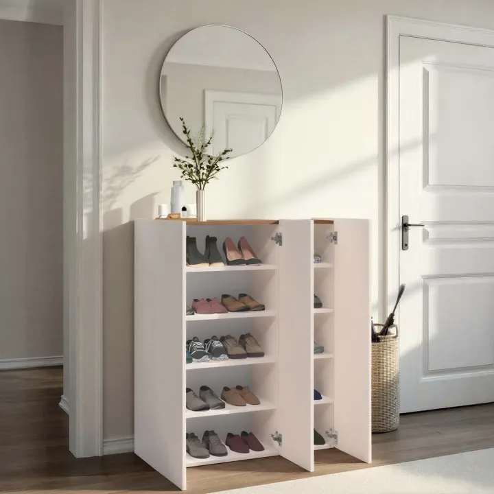 Mobile scarpiera multiuso ingresso 94x114h cm 3 ante beige cashmere top rovere scuro Mercor
