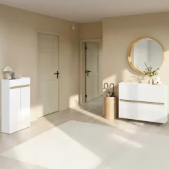 Mobile scarpiera multiuso ingresso 63x114h cm 2 ante 1 cassetto bianco lucido top rovere Noren