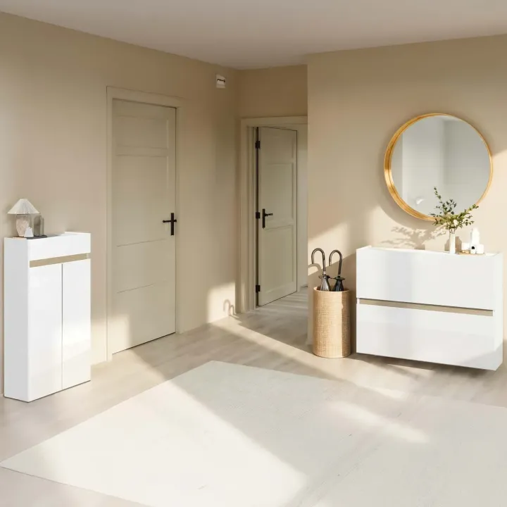 Mobile scarpiera multiuso ingresso 63x114h cm 2 ante 1 cassetto bianco lucido top rovere Noren