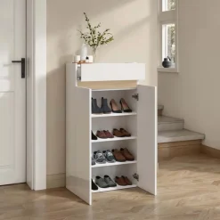 Mobile scarpiera multiuso ingresso 63x114h cm 2 ante 1 cassetto bianco lucido top rovere Noren