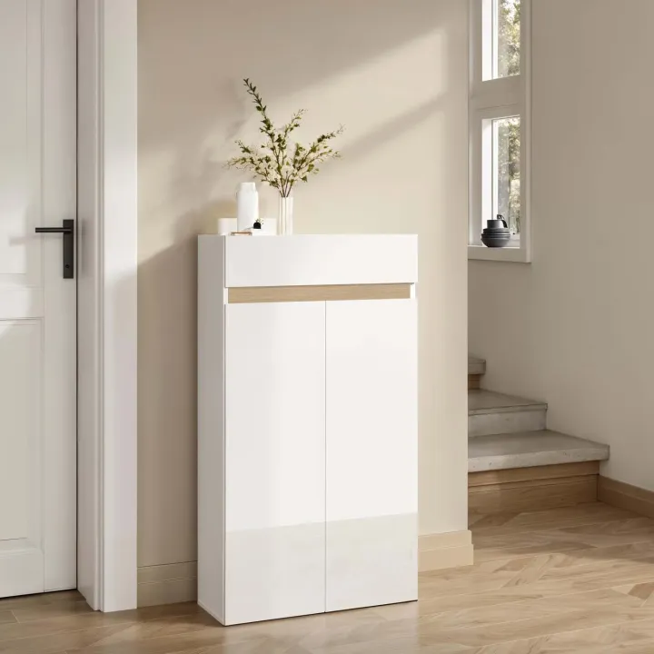 Mobile scarpiera multiuso ingresso 63x114h cm 2 ante 1 cassetto bianco lucido top rovere Noren