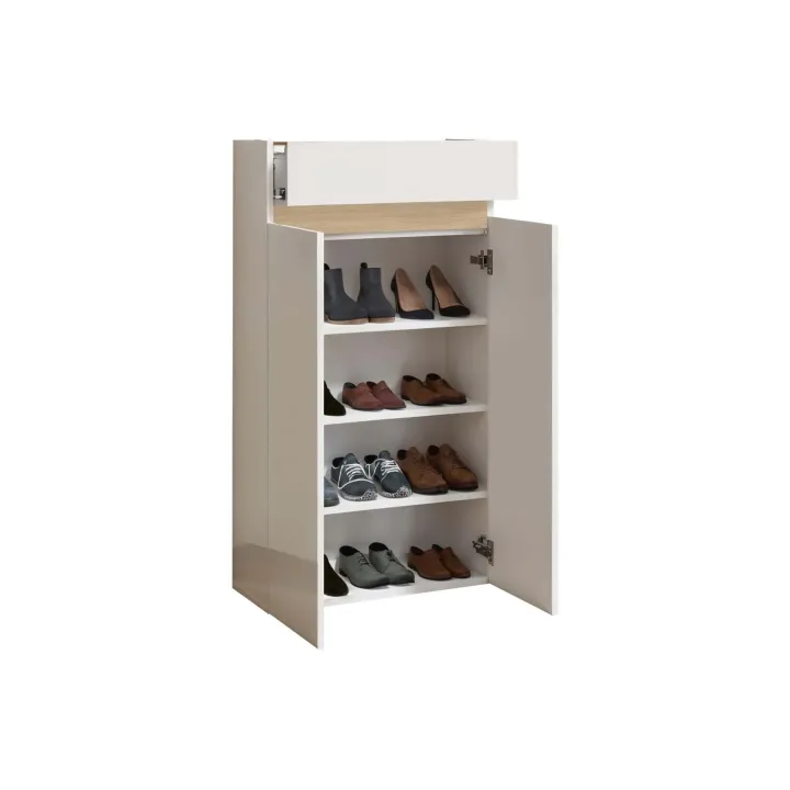 Mobile scarpiera multiuso ingresso 63x114h cm 2 ante 1 cassetto bianco lucido top rovere Noren