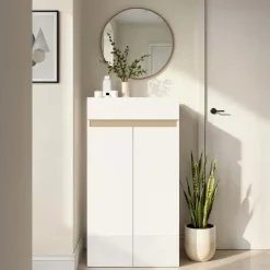 Mobile scarpiera multiuso ingresso 63x114h cm 2 ante 1 cassetto bianco lucido top rovere Noren