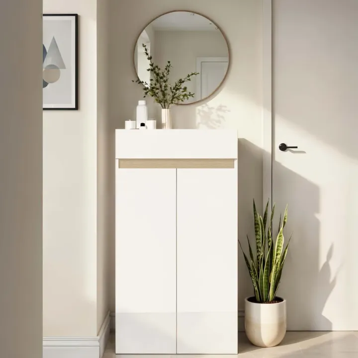 Mobile scarpiera multiuso ingresso 63x114h cm 2 ante 1 cassetto bianco lucido top rovere Noren