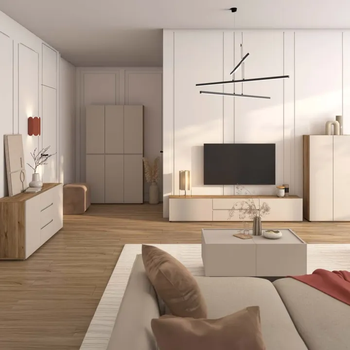 Mobile TV basso 200x36h cm 2 cassetti 2 ante a ribalta cashmere rovere Delia