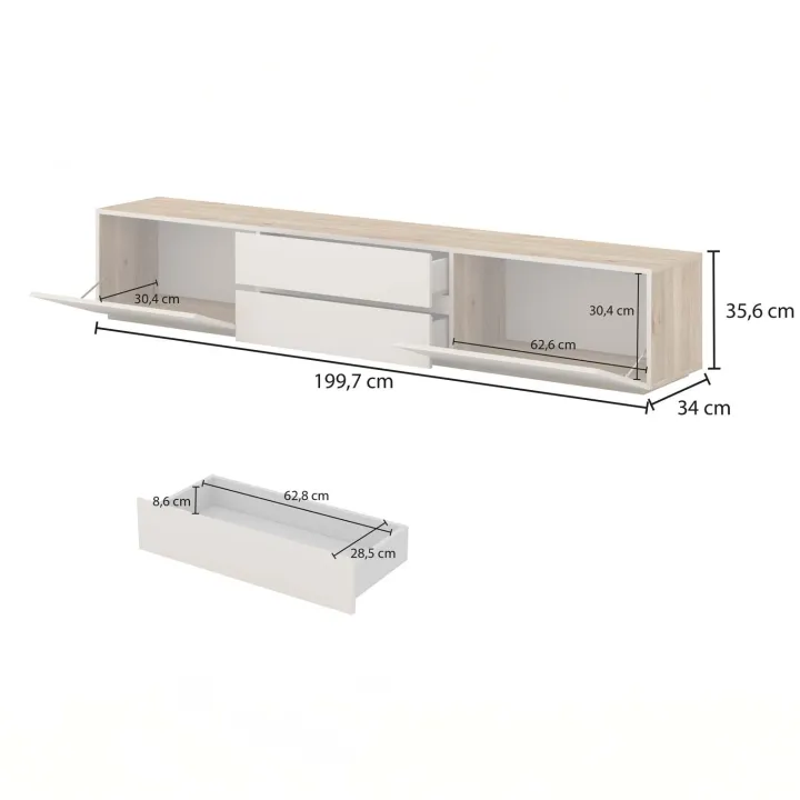 Mobile TV basso 200x36h cm 2 cassetti 2 ante a ribalta cashmere rovere Delia