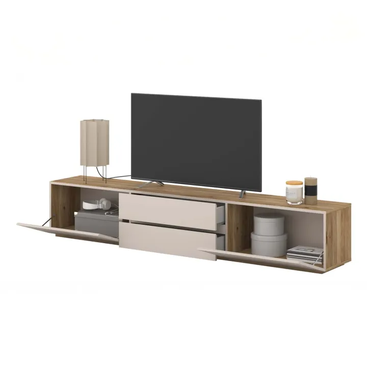 Mobile TV basso 200x36h cm 2 cassetti 2 ante a ribalta cashmere rovere Delia