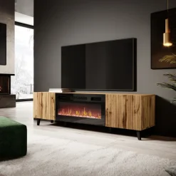 Mobile TV moderno 181x50h cm con camino elettrico cannettato quercia Essence