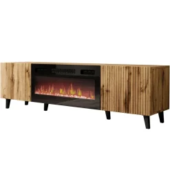 Mobile TV moderno 181x50h cm con camino elettrico cannettato quercia Essence