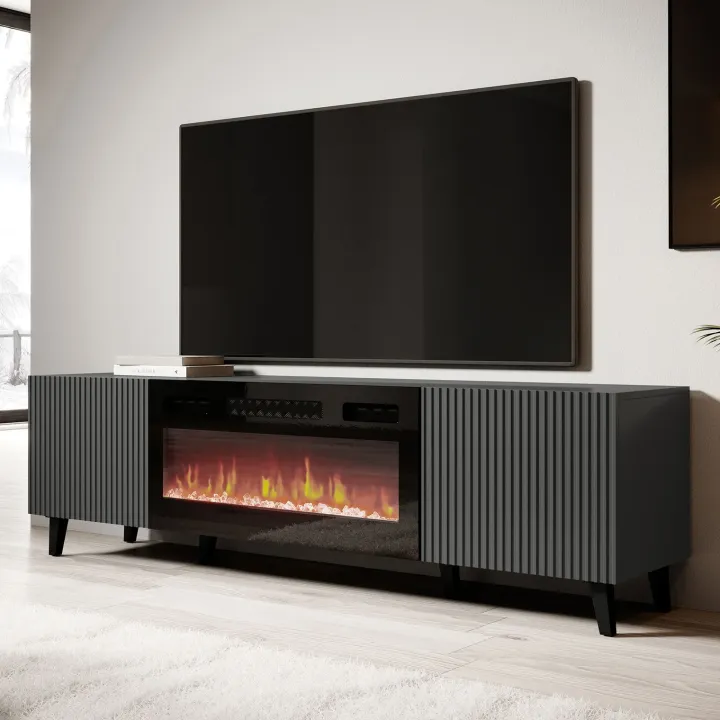 Mobile TV moderno 181x50h cm con caminetto elettrico cannettato antracite Essence
