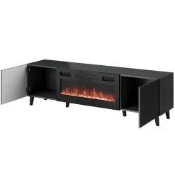 Mobile TV moderno 181x50h cm con caminetto elettrico cannettato antracite Essence