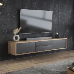 Mobile TV soggiorno sospeso 180x32h cm 2 ante a ribalta 2 cassetti antracite rovere Glem