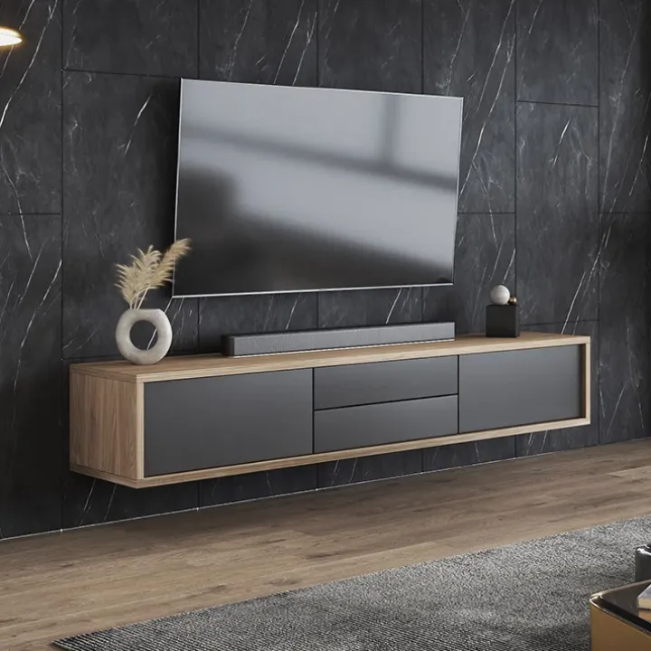 Mobile TV soggiorno sospeso 180x32h cm 2 ante a ribalta 2 cassetti antracite rovere Glem
