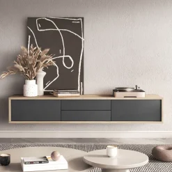 Mobile TV soggiorno sospeso 180x32h cm 2 ante a ribalta 2 cassetti antracite rovere Glem