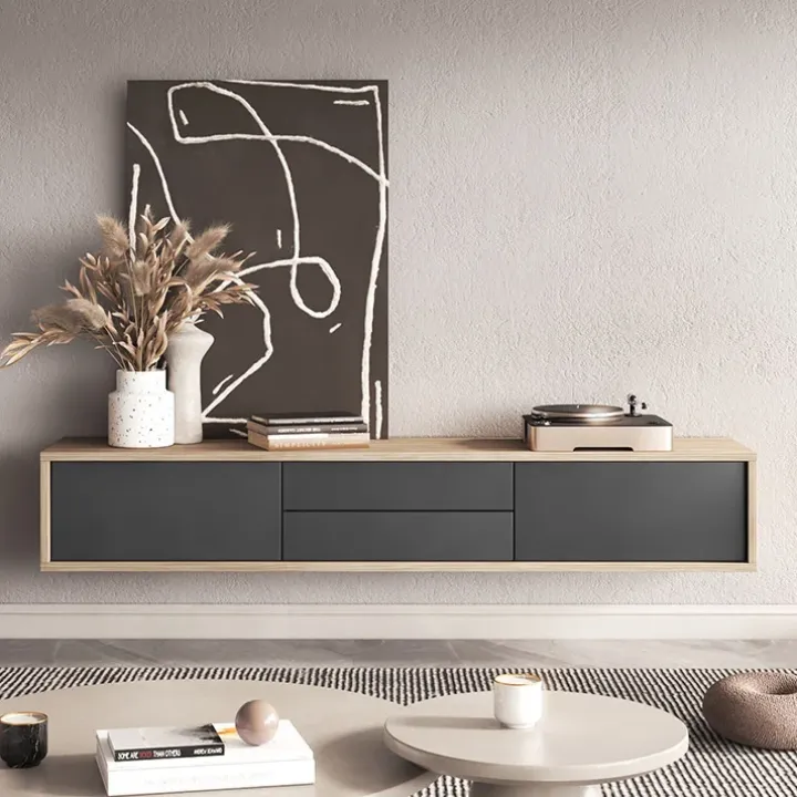 Mobile TV soggiorno sospeso 180x32h cm 2 ante a ribalta 2 cassetti antracite rovere Glem