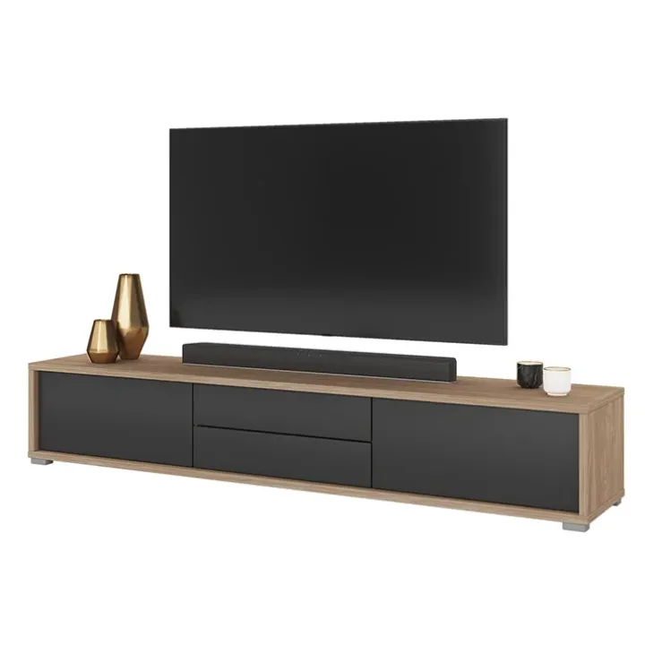 Mobile TV soggiorno sospeso 180x32h cm 2 ante a ribalta 2 cassetti antracite rovere Glem