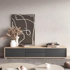 Mobile TV soggiorno sospeso 180x32h cm 2 ante a ribalta 2 cassetti antracite rovere Glem