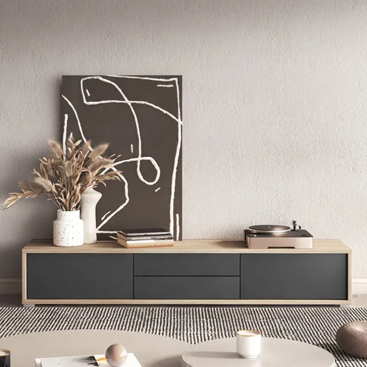 Mobile TV soggiorno sospeso 180x32h cm 2 ante a ribalta 2 cassetti antracite rovere Glem